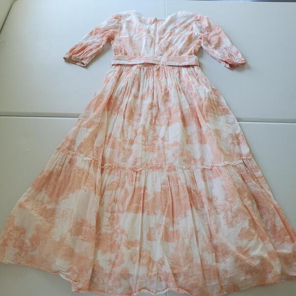 JESSAKAE Dress Womens Small Pink White Belted Tiered Maxi V Neck Toile Print - Picture 3 of 13